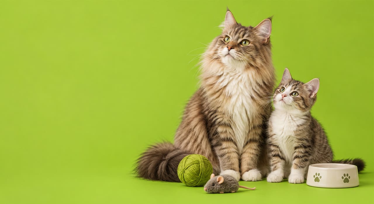 Chat entouré d'accessoires, d'arbres à chat et d'alimentation pour chats
